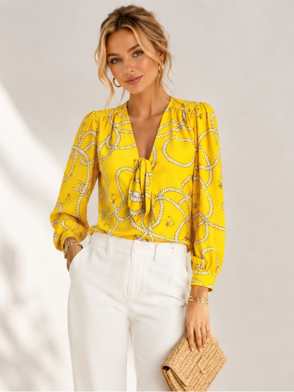 CAbi Reef Knot Blouse Women’s Small Yellow Nautical Anchor Rope Coastal Top